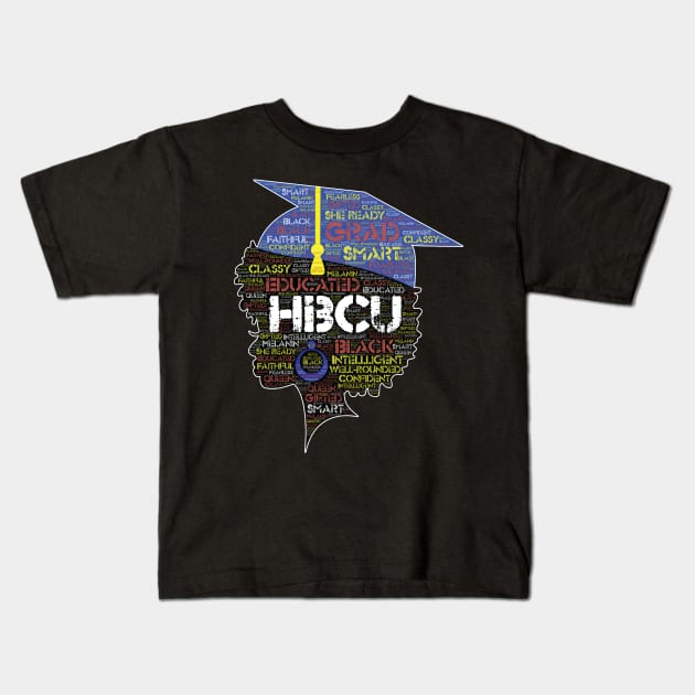 HBCU Grad Afro Word Art Kids T-Shirt by blackartmattersshop